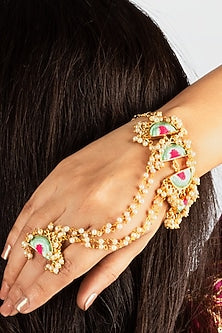 Gold Plated Mint Blue & Fuchsia Pink Silk Thread Embroidered Hathphool