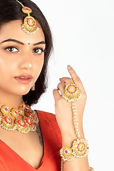 Gold Finish Pink & Mustard Yellow Embroidered Hathphool