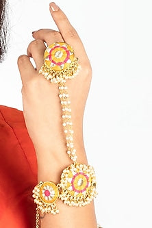 Gold Finish Pink & Mustard Yellow Embroidered Hathphool