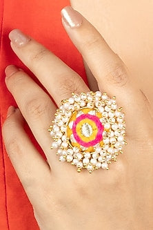 Gold Plated Silk Thread Embroidered & Pearl Ring