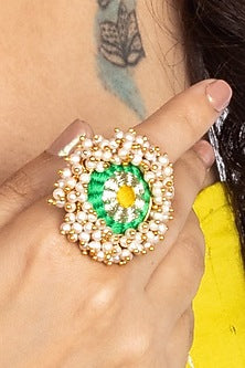 Gold Finish Silk Thread Embroidered & Pearl Ring