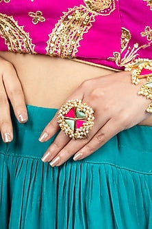Gold Plated Embroidered & Pearl Ring