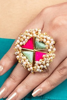 Gold Plated Embroidered & Pearl Ring