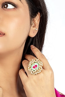 Gold Finish Silk Thread Embroidered & Pearl Ring