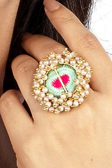 Gold Finish Silk Thread Embroidered & Pearl Ring