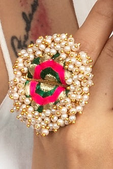 Gold Plated Silk Thread Embroidered & Pearl Ring