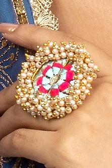Gold Finish Silk Thread Embroidered & Pearl Ring