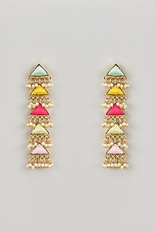 Matte Gold Finish Zari Silk Thread Embroidered Layered Dangler Earrings