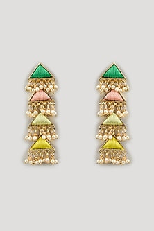 Gold Finish Silk Thread Embroidered & Pearl Beaded Layered Triangle Dangler Earrings