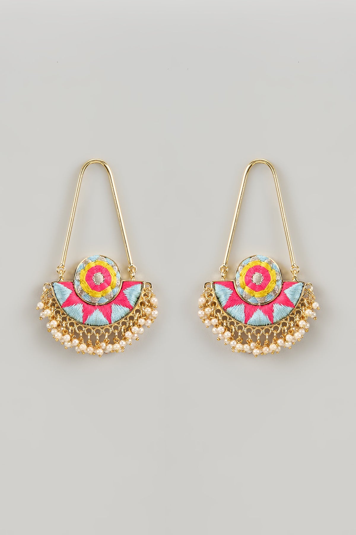 Gold Finish Silk Thread Embroidered & Pearl Beaded Chandbali Earrings