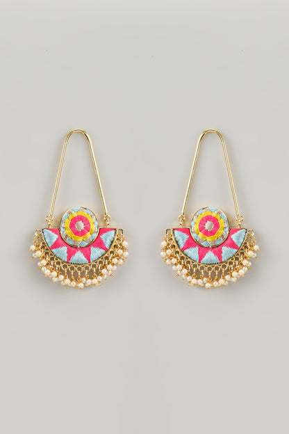 Gold Finish Silk Thread Embroidered & Pearl Beaded Chandbali Earrings