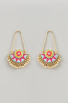Gold Finish Silk Thread Embroidered & Pearl Beaded Chandbali Earrings