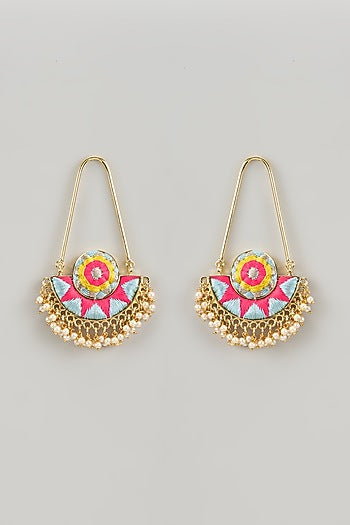 Gold Finish Silk Thread Embroidered & Pearl Beaded Chandbali Earrings