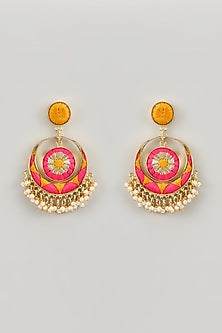 Gold Finish Silk Thread Embroidered & Pearl Beaded Chandbali Earrings