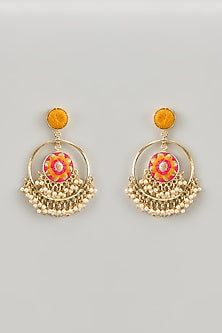 Matte Gold Finish Silk Thread & Pearl Embellished Chandbali Earrings