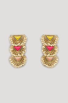 Gold Finish Silk Thread Embroidered & Pearl Layered Triangle Dangler Earrings