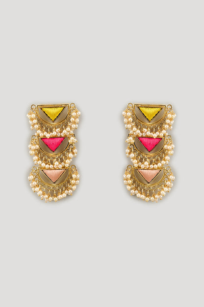 Gold Finish Silk Thread Embroidered & Pearl Layered Triangle Dangler Earrings