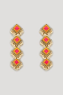 Matte Gold Finish Silk Thread Embroidered & Pearl Layered Square Dangler Earrings