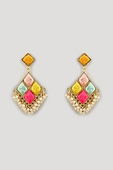 Matte Gold Finish Silk Thread Embroidered & Pearl Triangle Dangler Earrings