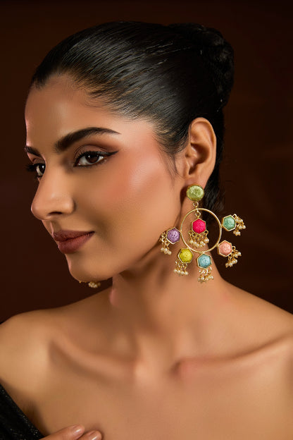 Gold Finish Multi-Colored Stone Dangler Earrings