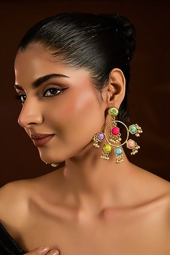 Gold Finish Multi-Colored Stone Dangler Earrings