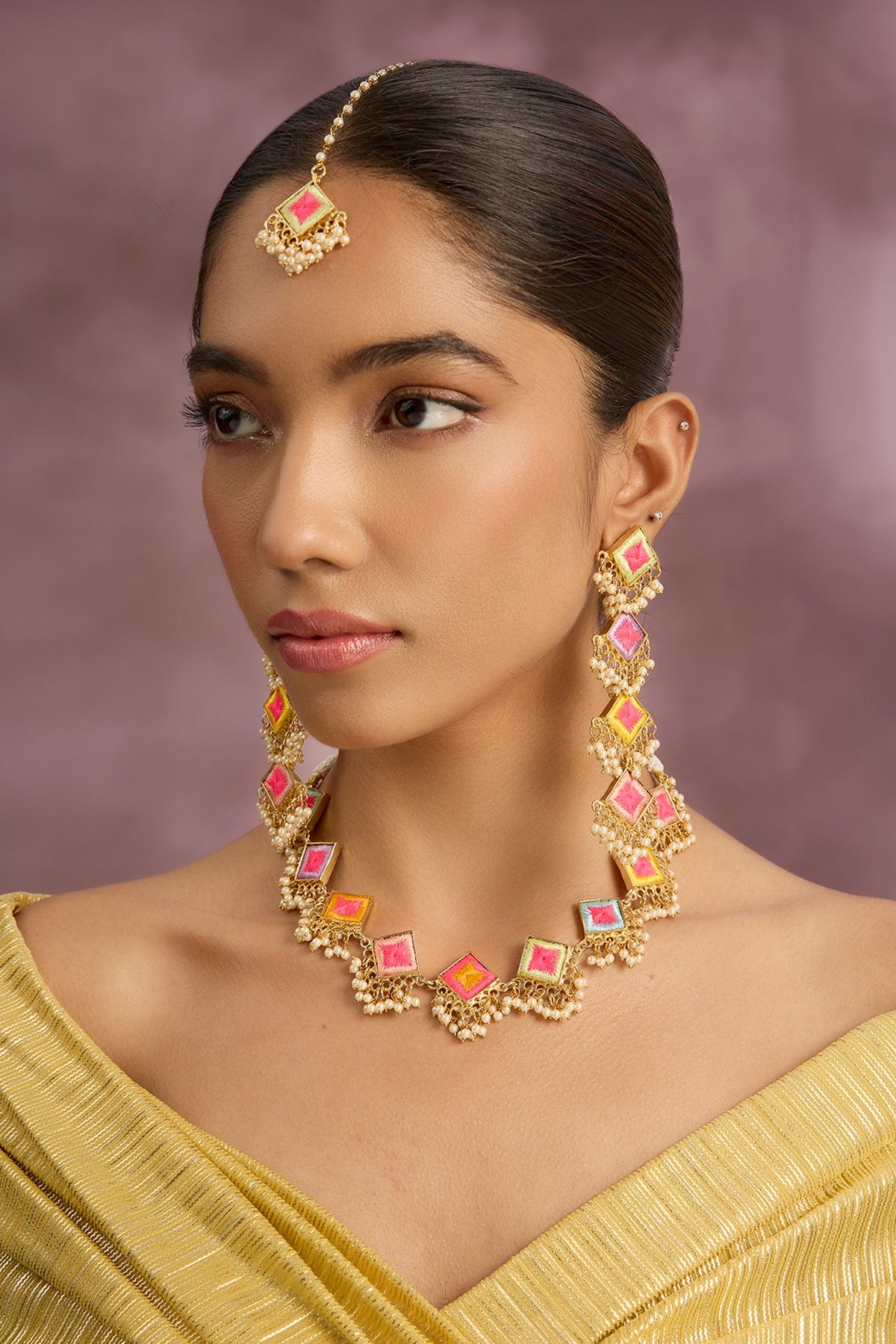Multi-Colored Silk Thread Embroidered Necklace Set