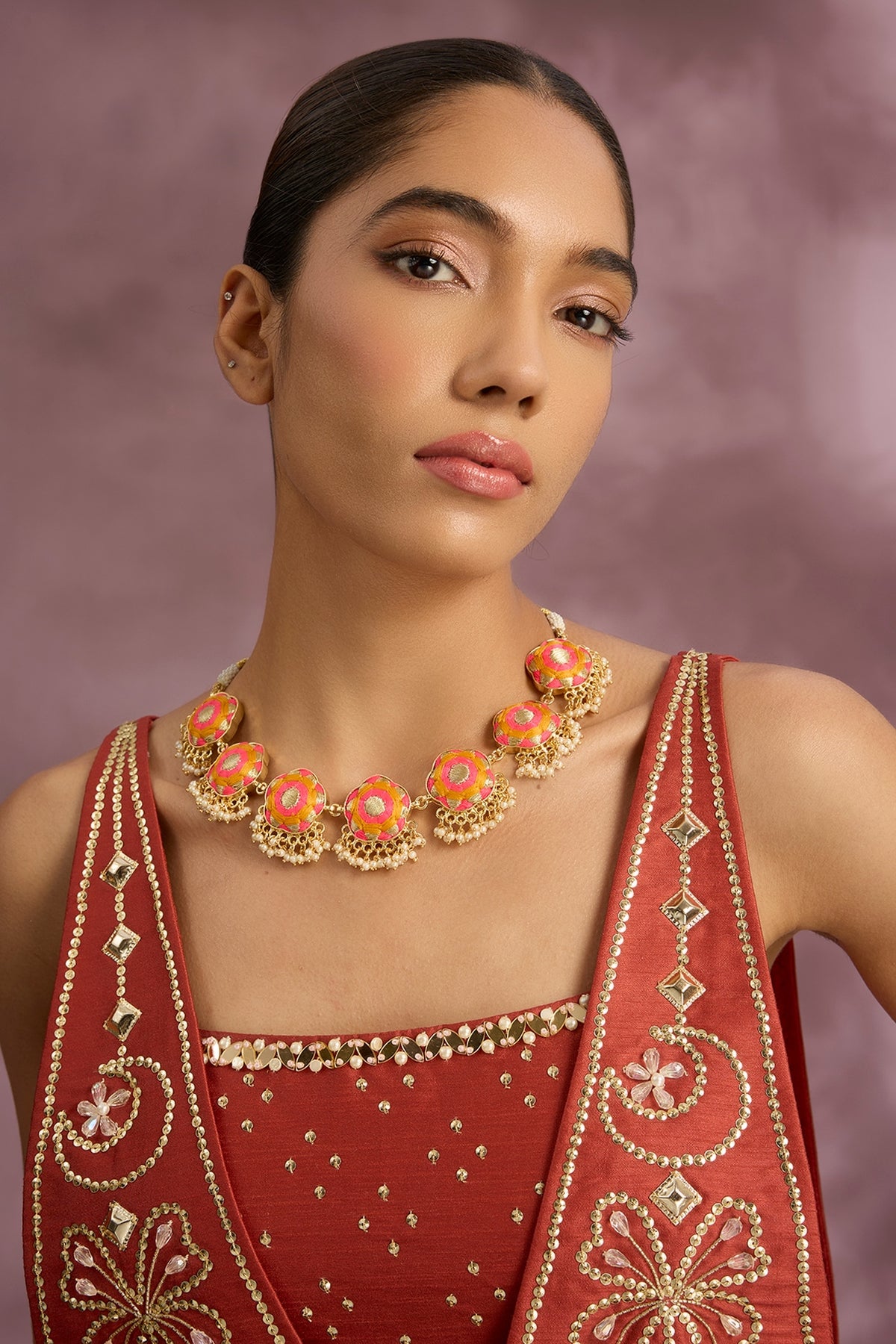 Multi-Colored Silk Thread Embroidered Necklace