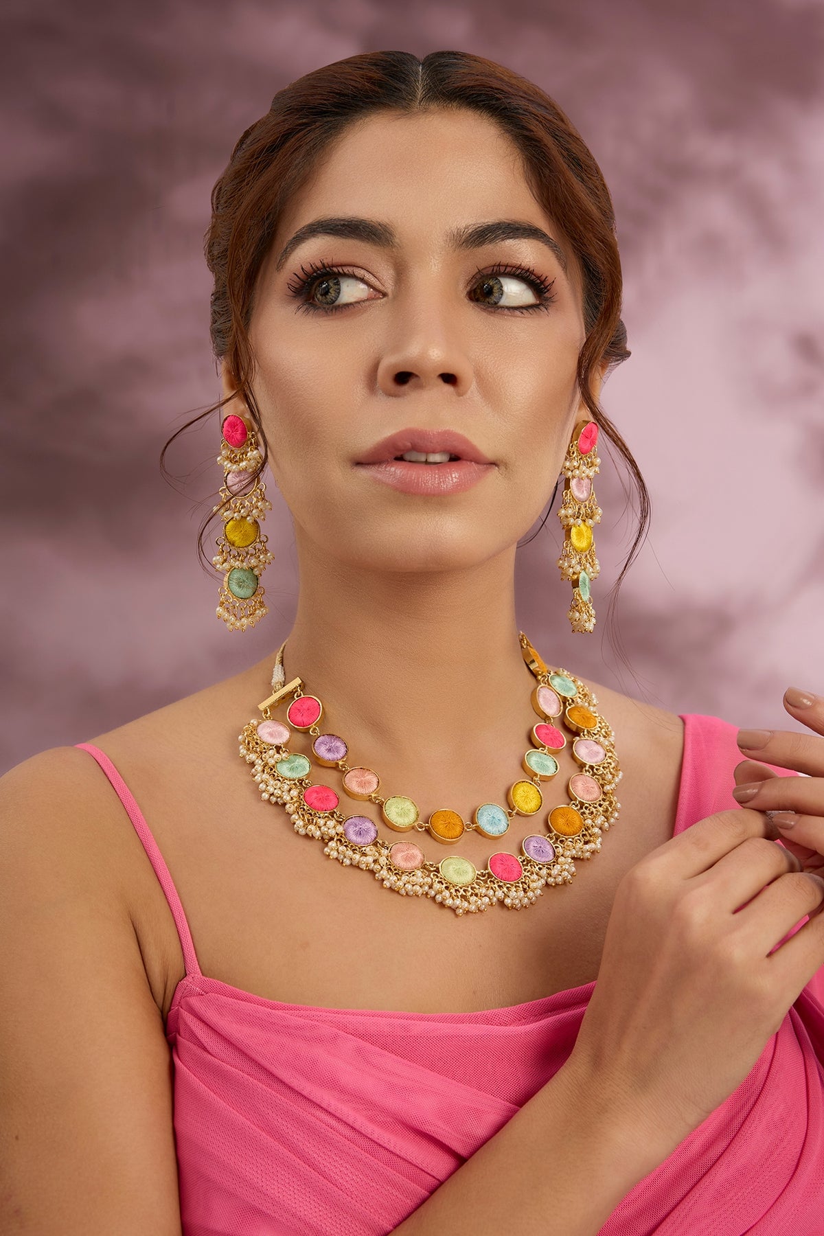 Multi-Colored Silk Thread Embroidered Necklace Set