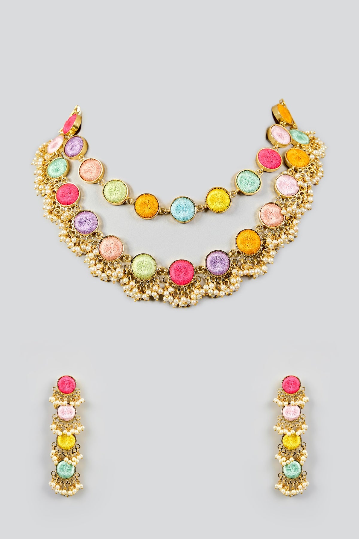 Multi-Colored Silk Thread Embroidered Necklace Set