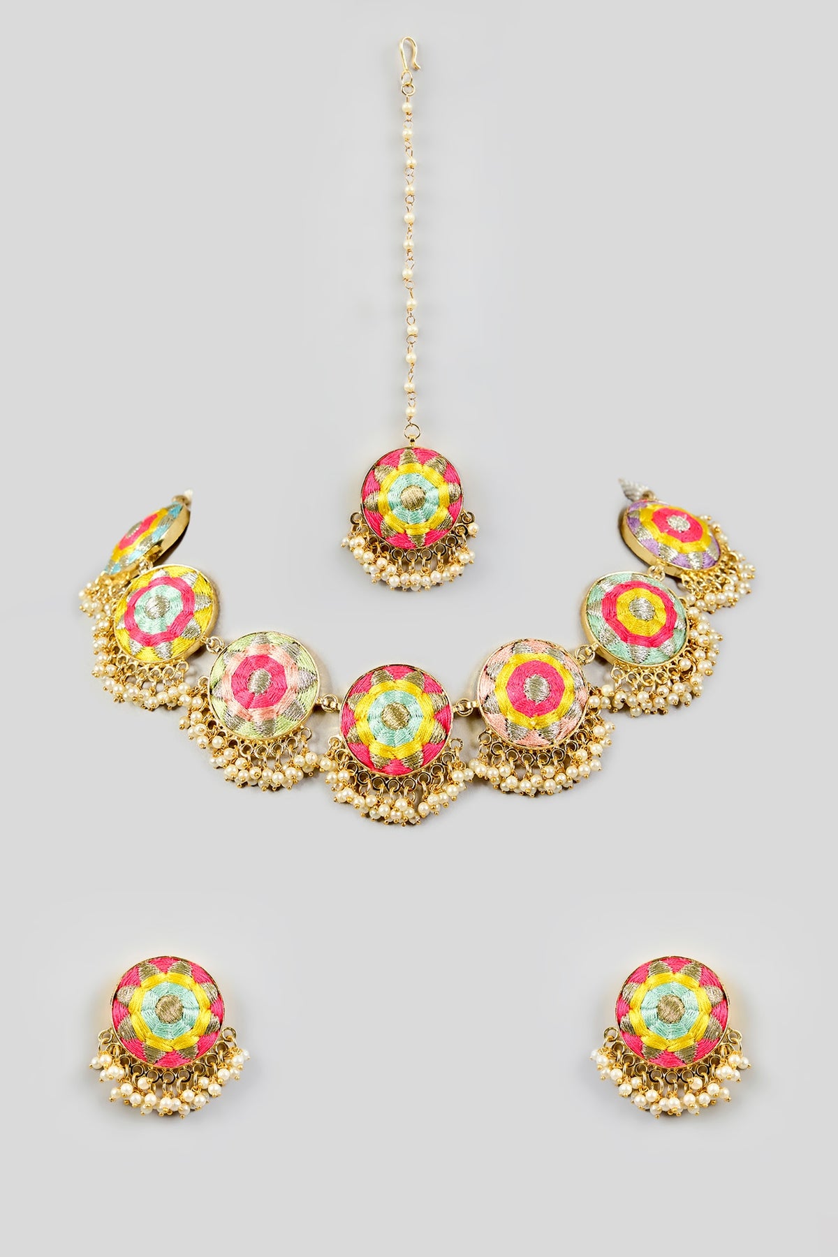 Multi-Colored Silk Thread Embroidered Necklace Set