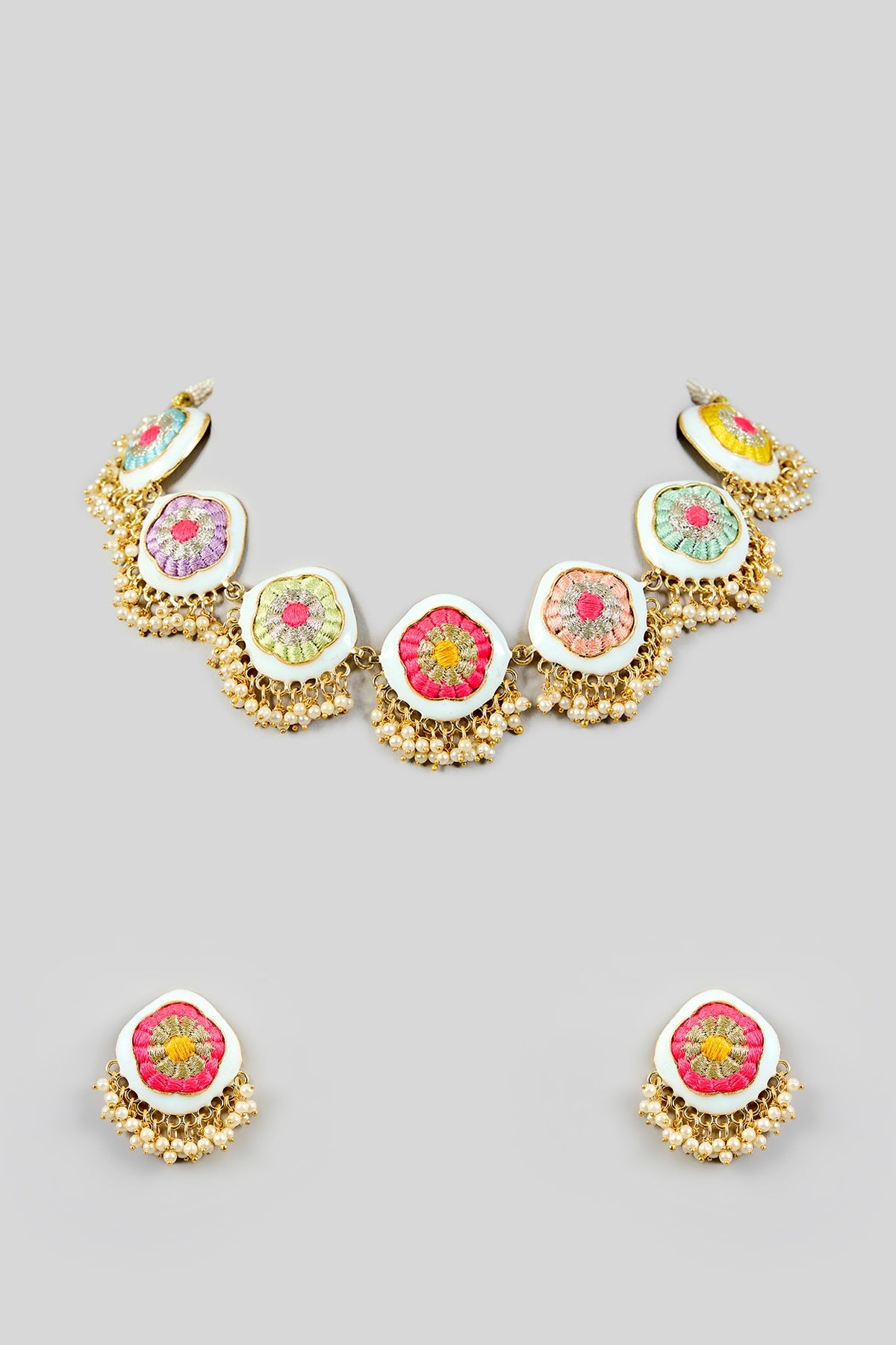 Multi-Colored Silk Thread Embroidered Necklace Set