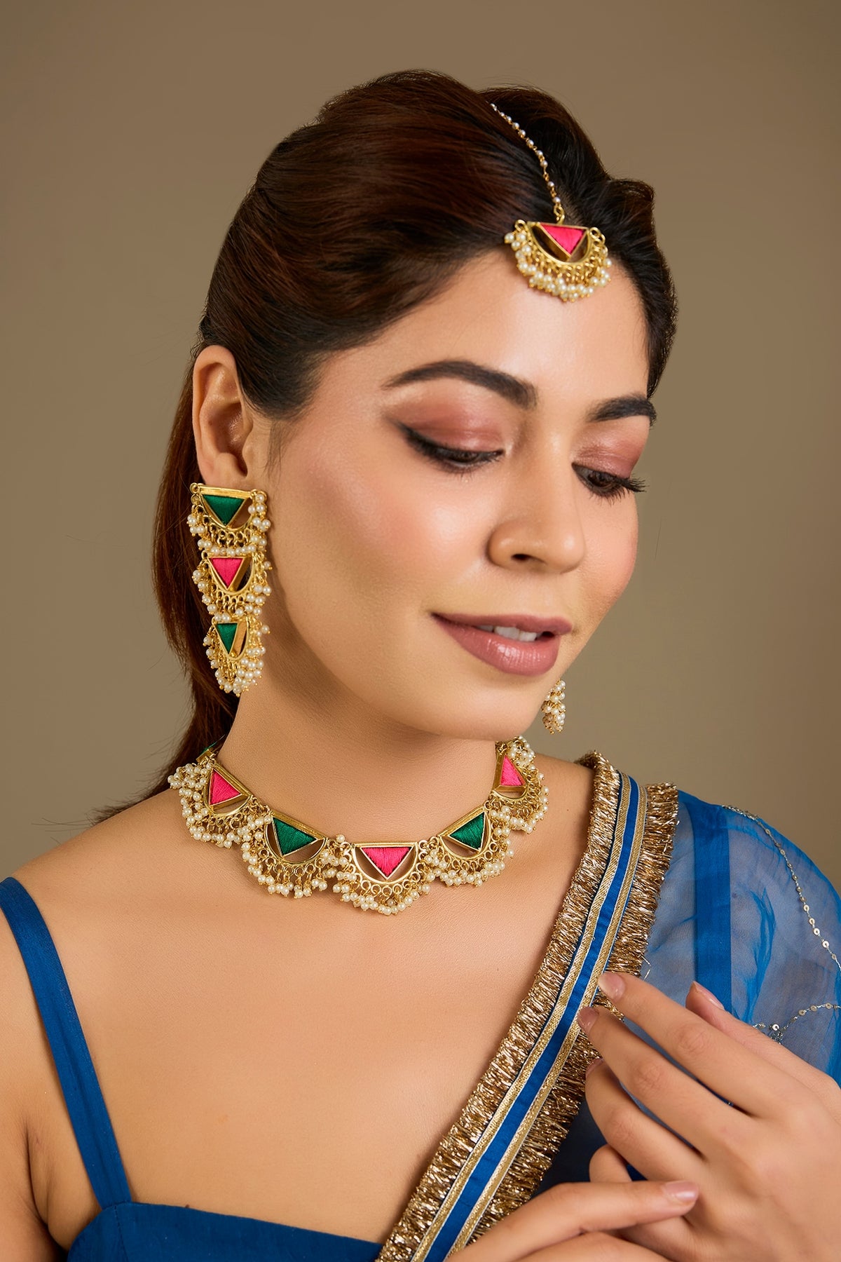 Multi-Colored Thread Embroidered Necklace Set