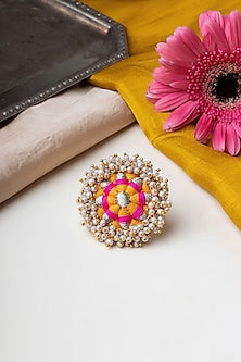 Matte Gold Finish Yellow & Pink Embroidered Ring