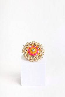 Matte Gold Finish Yellow & Pink Embroidered Ring