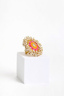 Matte Gold Finish Yellow & Pink Embroidered Ring