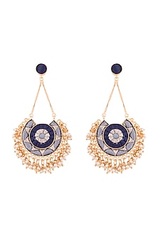 Matte Gold Finish Embroidered Pearl Circular Moon Long Chain Earrings