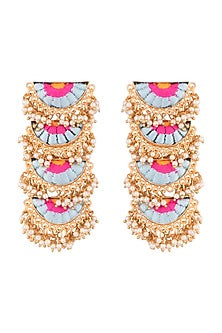 Matte Gold Finish Embroidered Layered Long Earrings