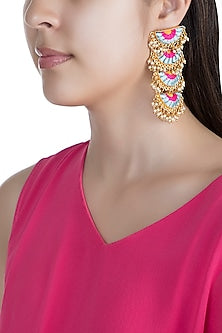 Matte Gold Finish Embroidered Layered Long Earrings