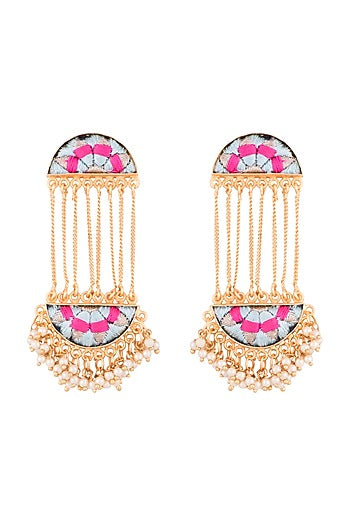 Matte Gold Finish Embroidered Long Chain Earrings