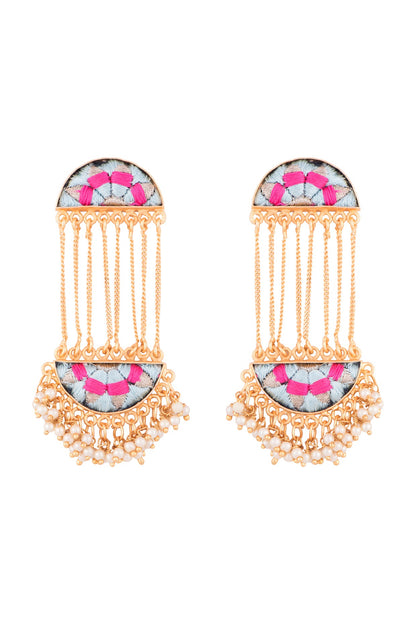 Matte Gold Finish Embroidered Long Chain Earrings