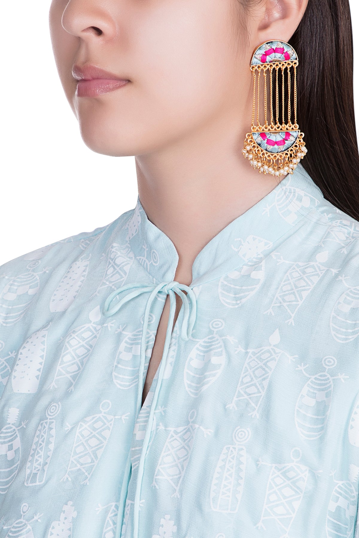 Matte Gold Finish Embroidered Long Chain Earrings