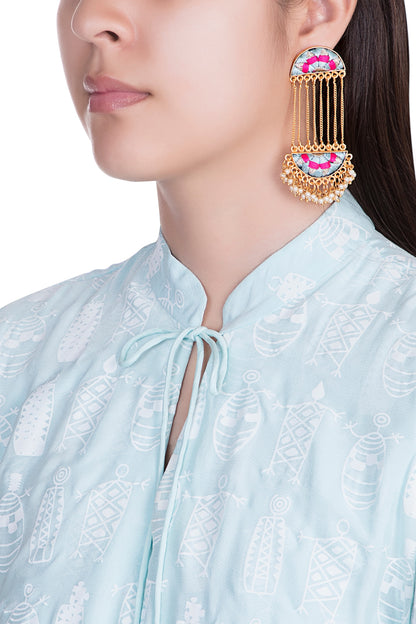 Matte Gold Finish Embroidered Long Chain Earrings