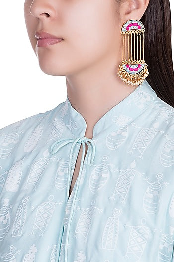 Matte Gold Finish Embroidered Long Chain Earrings