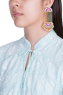 Matte Gold Finish Embroidered Long Chain Earrings