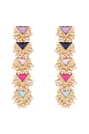 Matte Gold Finish Embroidered Layered Triangle Earrings