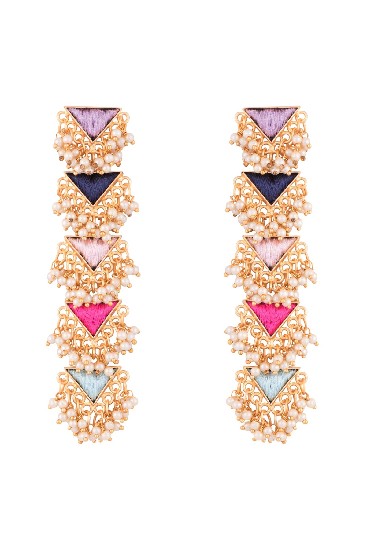 Matte Gold Finish Embroidered Layered Triangle Earrings