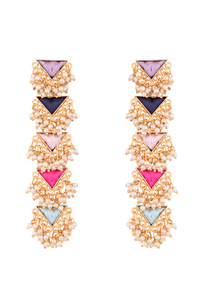 Matte Gold Finish Embroidered Layered Triangle Earrings