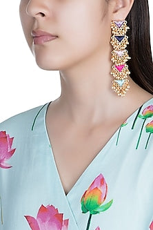 Matte Gold Finish Embroidered Layered Triangle Earrings