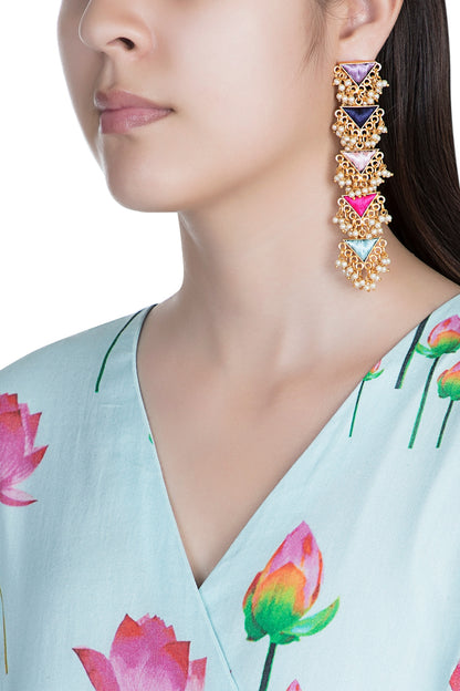 Matte Gold Finish Embroidered Layered Triangle Earrings