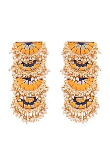 Matte Gold Finish Embroidered Pearl Hanging Layered Long Earrings